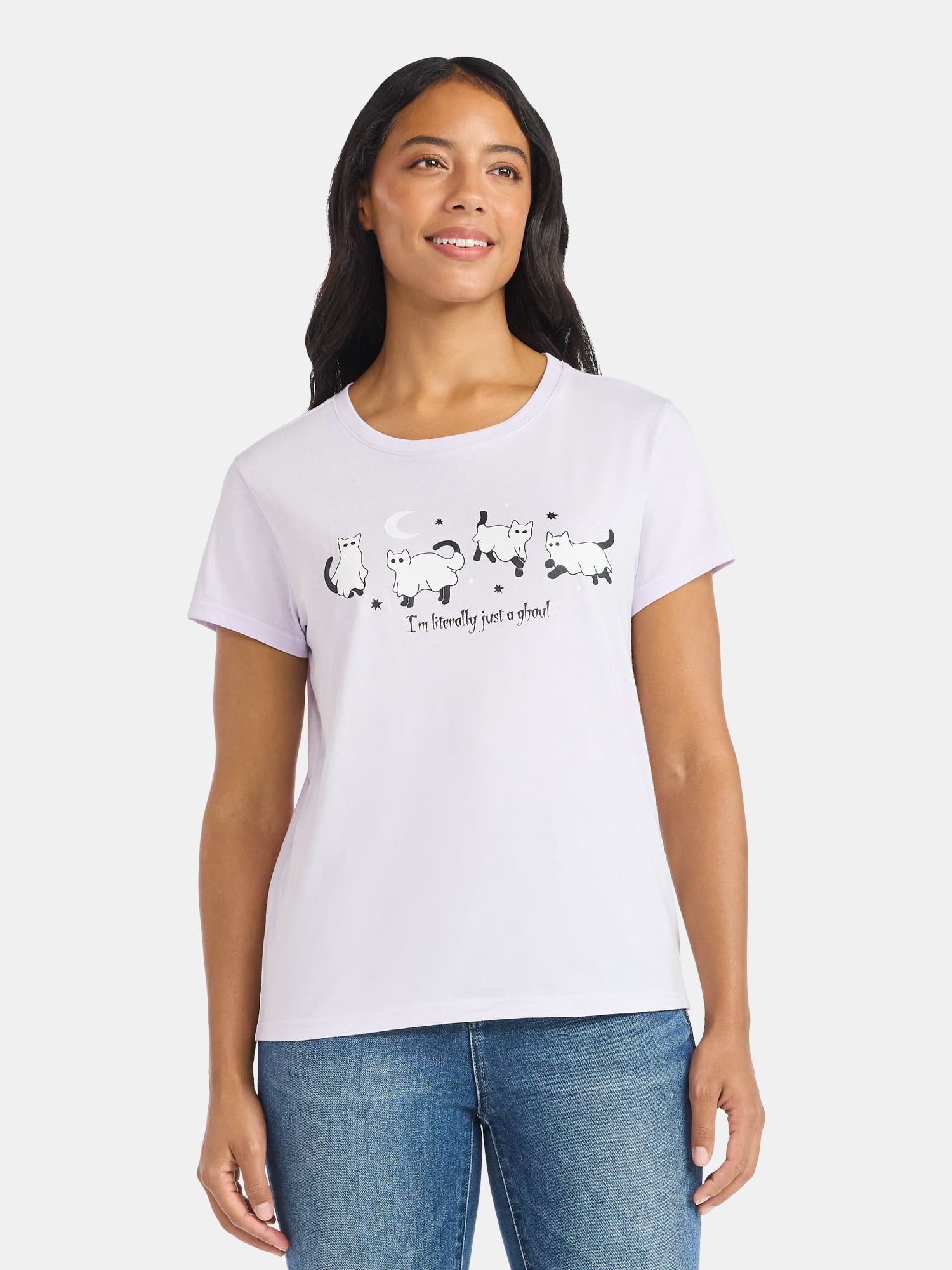 Ghost Cats Women's Halloween Tee with Short Sleeves, Sizes XXS-XXL