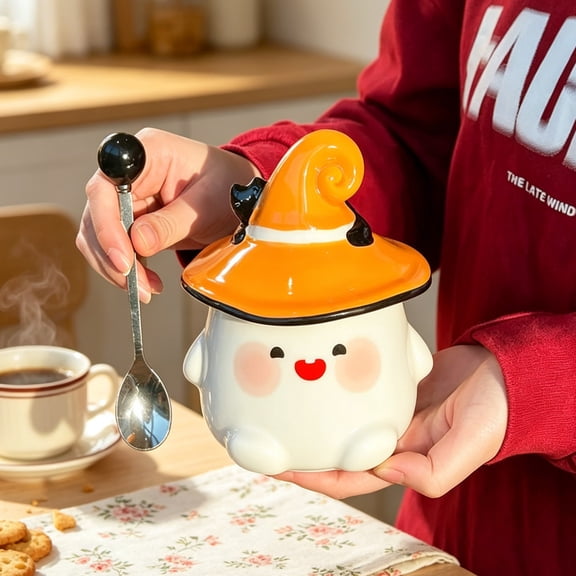 Ghost Ceramic Coffee Mug with Wizard Hat Cap-Unique Halloween Spooky Mug-Adorable Drinkware Gift Home Decor-with Spoon-for Tea-Milk,Hot Cocoa