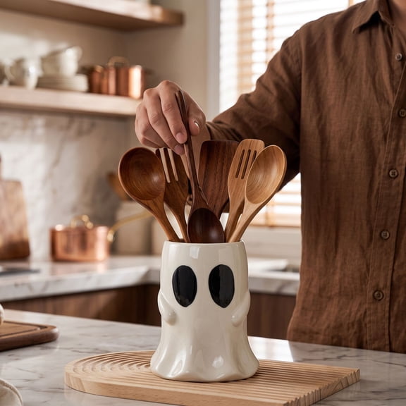 Ghost Ceramic Utensil Crock, Halloween Decorative Kitchen Storage Holder, Cute Ghost Vase for Kitchen Counter, Tabletop & Holiday Home Decoration