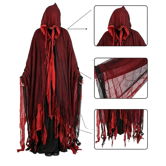 Ghost Cloak, Tattered Grim Reaper, Cloak Hooded Gauze, Robe Distressed Fringe, Tattered Grim Reaper Cloak Hooded Gauze Robe Distressed Fringe Halloween Costume for Spooky Season, Wine One Size