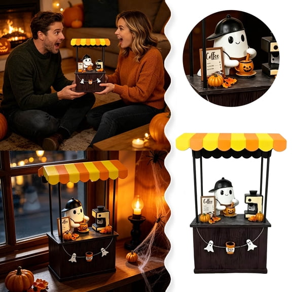 Ghost Coffee Booth Resin Figurine Cute Boo'S Cafe Ghost Barista Statue Halloween Tabletop Decor For Kitchen Home(White-30Cm)