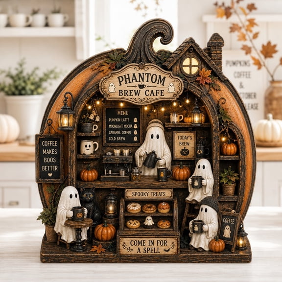 Ghost Coffee Shop Wooden Block Tabletop Display for Halloween