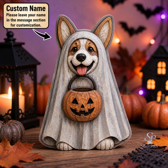 Ghost Corgi Wooden Block 3 Layer Halloween Shelf Decor
