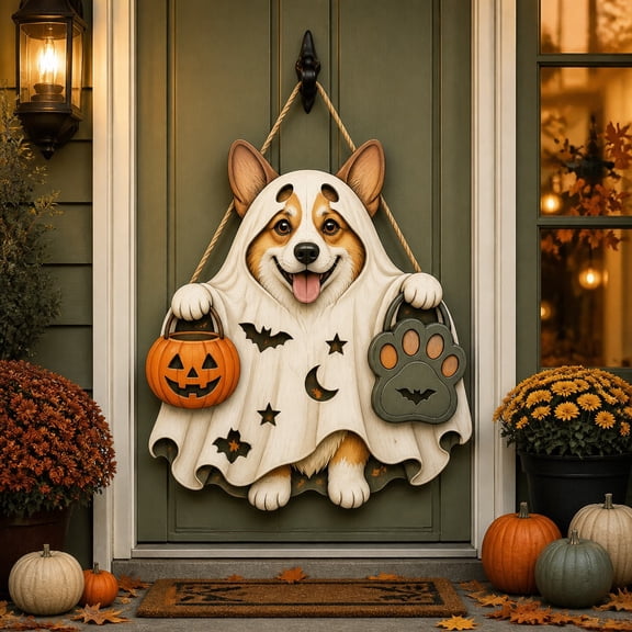 Ghost Corgi Wooden Door Sign for Halloween Dog Lover Front Porch Decor