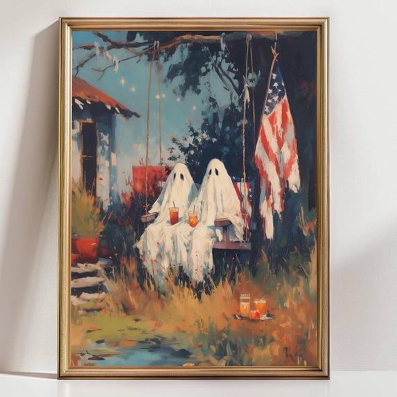 Ghost Couple Porch Wall Art Print, Cute Halloween With American, Spooky ...