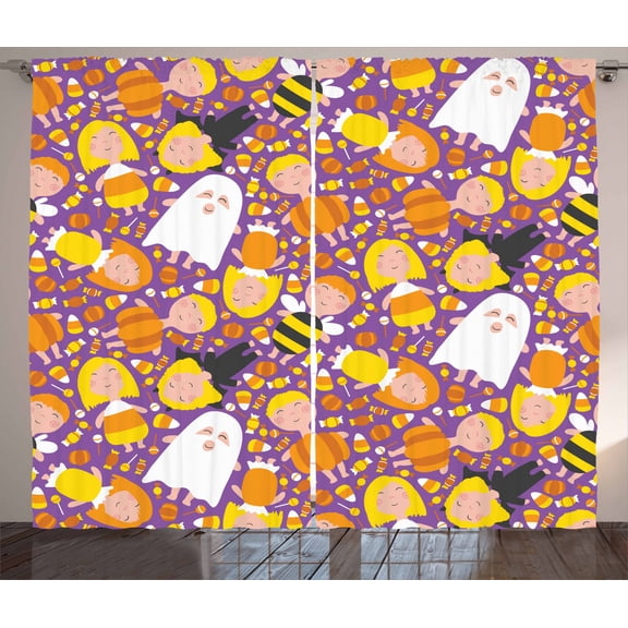 Ghost Curtains 2 Panels Set, Cheerful Kids in Different Halloween Costumes Happy Fun Party Trick or Treat Night, Window Drapes for Living Room Bedroom, 108W X 84L Inches, Multicolor, by Ambesonne