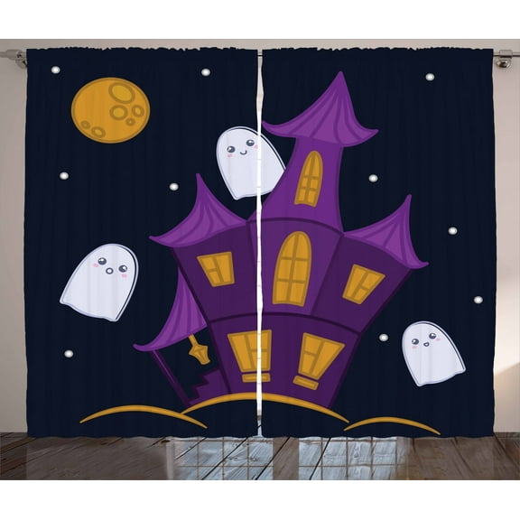 Ambesonne Ghost Curtains 2 Panel Set, Dark Night and Haunted House, 108" x 96", Multicolor