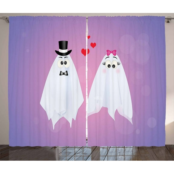 Ghost Curtains 2 Panels Set, Funny Ghost Couple Wedding of Weird Bride and Groom Characters Love Romance Theme, Window Drapes for Living Room Bedroom, 108W X 63L Inches, Multicolor, by Ambesonne