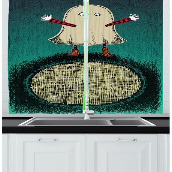 Ghost Curtains 2 Panels Set, Sketchy Doodle Design with a Funny Kid in a Ghost Costume for the Halloween Holiday, Window Drapes for Living Room Bedroom, 55W X 39L Inches, Multicolor, by Ambesonne
