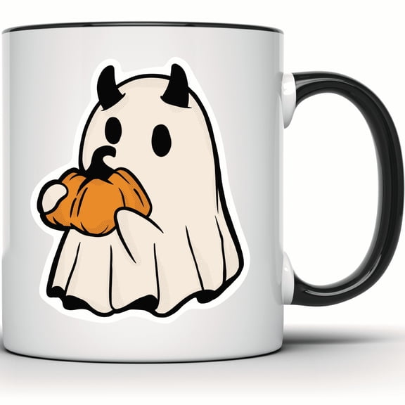 Ghost & Cute Devil Mug - Pumpkin Mug - Halloween Coffee Mug - Spooky Season Decor - Funny Halloween Gift - Ghost Lover Mug - 11 Ounce Black Rim Handle Novelty Coffee Cup - WMUG0443-Black Rim