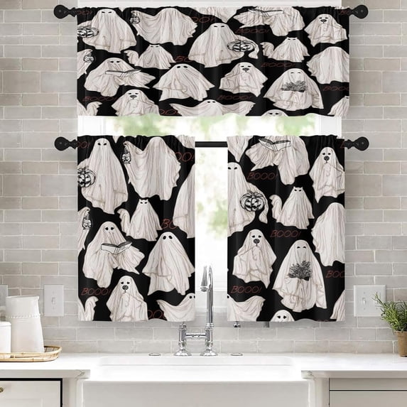 Ghost Cute Halloween Kitchen Window Curtains Valance and Tier Set 36 Inch, Funny Spooky Vintage 3 Piece Window Treatment Tiers for Living Room Bedroom Kitchen Decor Drapes