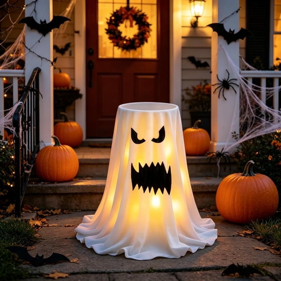Ghost Deco Light Up Telescopic Candy Box Storage Stand Halloween Outdoor Yard Porch Prop Retractable Glowing Treat Container Holiday Spooky Setup