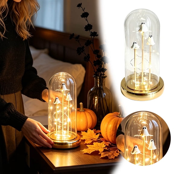 Ghost Decor Light - 3 Mini Ghost Figurines Light Up Dome Lamp, Cute Ghost in Cloche Tabletop Decor for Home Party Room Kitchen and Fireplace, Spooky Nightlight Centerpiece, 1PC