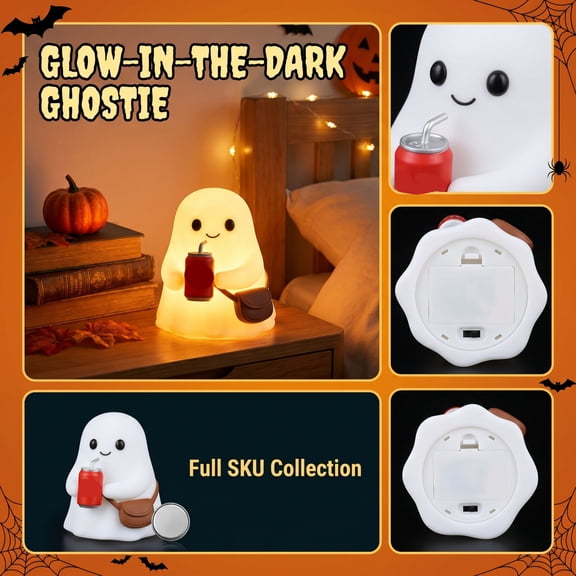 Ghost Decorations, Spooky Smiling Ghost Holding Drink with Crossbody Bag Design, Glow in The Dark Decorations for Bedroom, Cute Bedroom Decor Ambient Led Night Light, Holiday