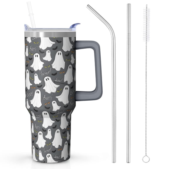 Ghost Design 40oz Halloween Tumbler w/Handle - Stainless Steel Insulated Cup, Keeps Ice 32Hrs, Spooky Gift for Adults