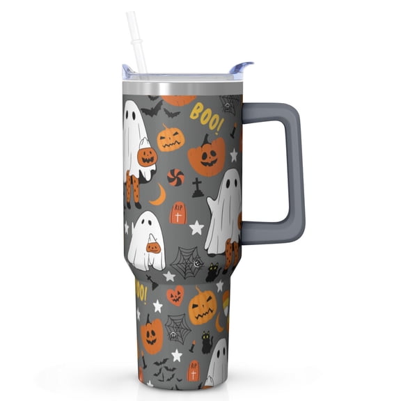 Ghost Design 40oz Halloween Tumbler w/Handle - Stainless Steel Insulated Cup, Keeps Ice 32Hrs, Spooky Gift for Adults