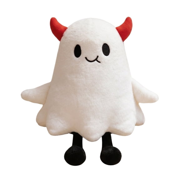 Ghost Devil Plush – Soft White Spooky Stuffed Animal with Red Horns for Whimsical Halloween Decor & Year-Round Cute Spookiness
