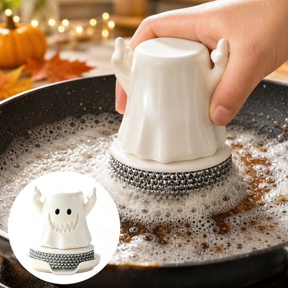 Ghost Dish Scrubber Holder with Base 5 Inch, Cute Halloween Kitchen Sink Brush Storage Caddy for Sponge Scouring Pad, Drainage Drying Rack, Countertop Organizer