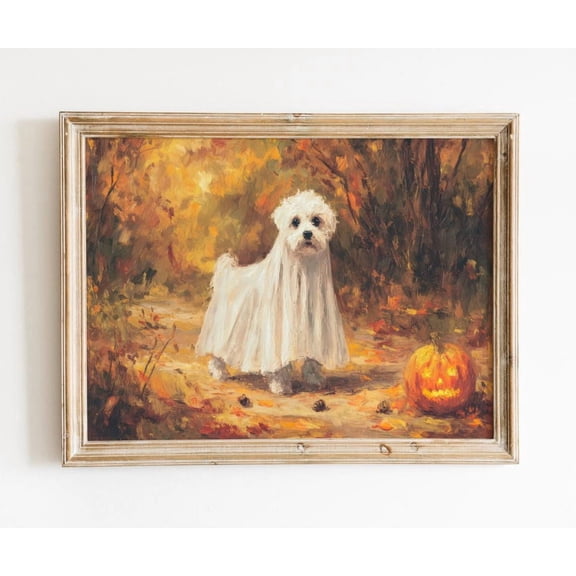 Ghost Dog Halloween Wall Art Print, Cute Whimsical Pet Portrait, Fall Pumpkin Sheet Costume, Autumn Lover, Seasonal Bedroom And Home Decor
