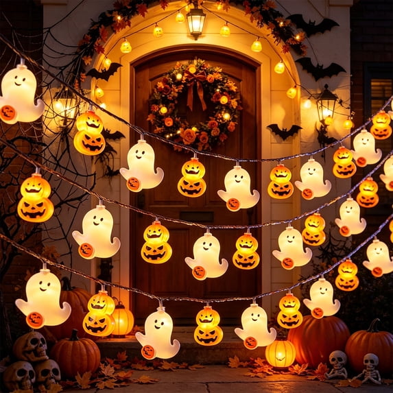 Ghost & Double Pumpkin String Lights, Warm White LED Decorative Light Strings, Battery Operated Waterproof Lights, Cute Halloween Ambient Lighting for Outdoor Party Home Yard Decor (59in 10 Lights)