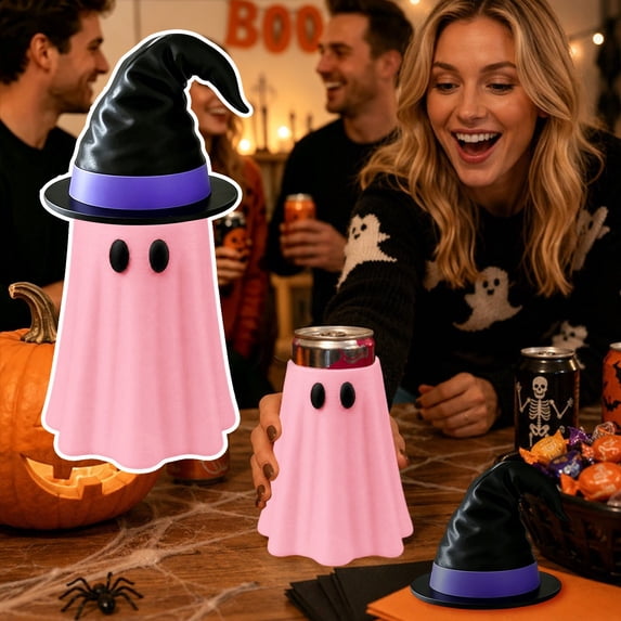 Ghost Drink Sleeve with Witch Hat Lid, Reusable Beverage Holder for Cans and Cups, Fun Halloween Party Accessory(C)