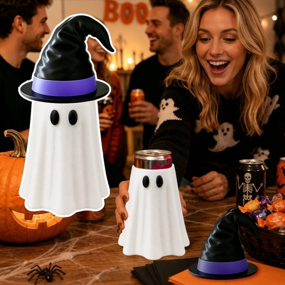 Ghost Drink Sleeve with Witch Hat Lid, Reusable Beverage Holder for Cans and Cups, Fun Halloween Party Accessory(D)