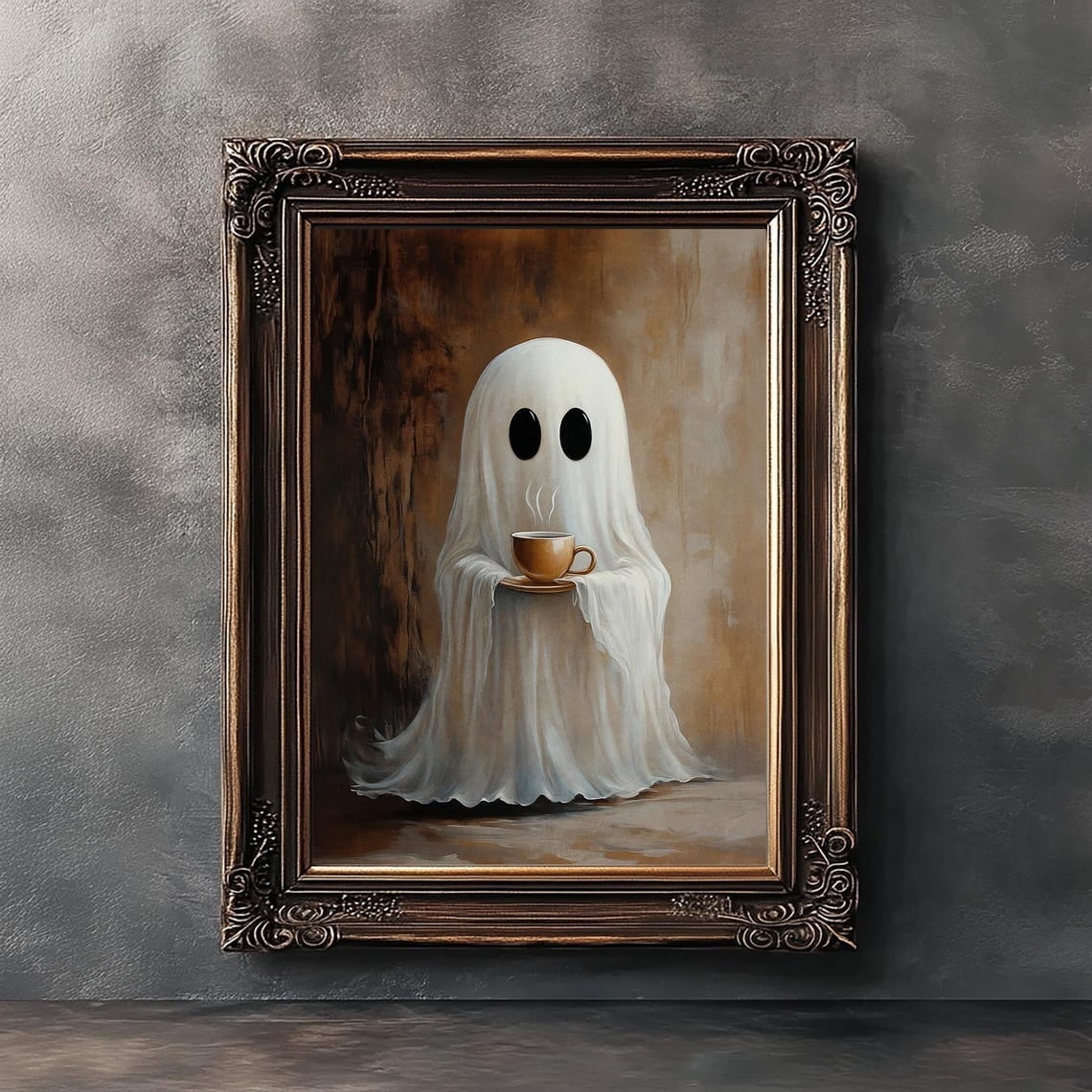 Ghost Drinking Coffee Canvas Poster Vintage Gothic Ghost Tea Print
