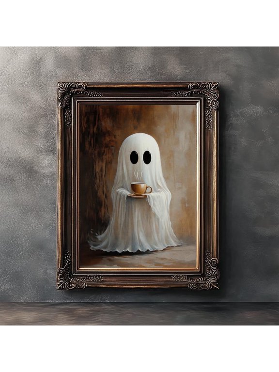 Ghost Drinking Coffee Canvas Poster Vintage Gothic Ghost Tea Print Wall Art Painting For Ghost Kitchen Halloween Dorm Room Living Room Home Decor Unframed