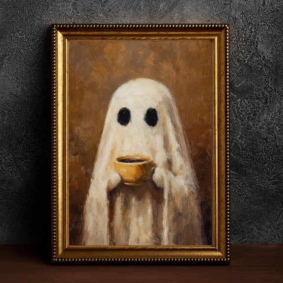 Ghost Drinking Coffee Print: Spooky Gothic Kitchen Wall Art UNFRAMED