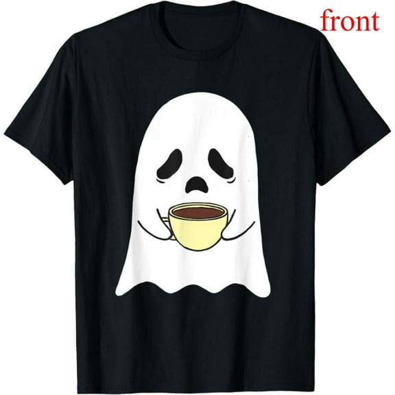 Ghost Drinking Coffee T Shirt, Graphic Tee Tops，Coffee Lover，Caffeine Lover，Casual Short Sleeve，Comfort T-Shirt ，Funny，cotton，black，S-5XL