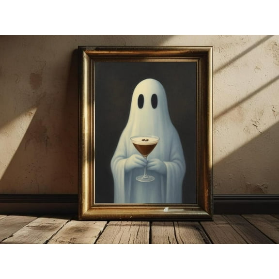 Ghost Drinking Espresso Poster Wall Decor Canvas Art Prints Painting Picture Artwork Home Rustic Farmhouse Halloween Autumn And Fall Bedroom Decoration No Frame