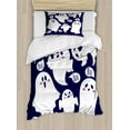 thumbnail image 1 of Ghost Duvet Cover Set Twin Size, Scary Ghost Characters Drawn in Cartoon Style with Boo Texts Pattern, Decorative 2 Piece Bedding Set with 1 Pillow Sham, Indigo White Dried Rose, by Ambesonne, 1 of 3