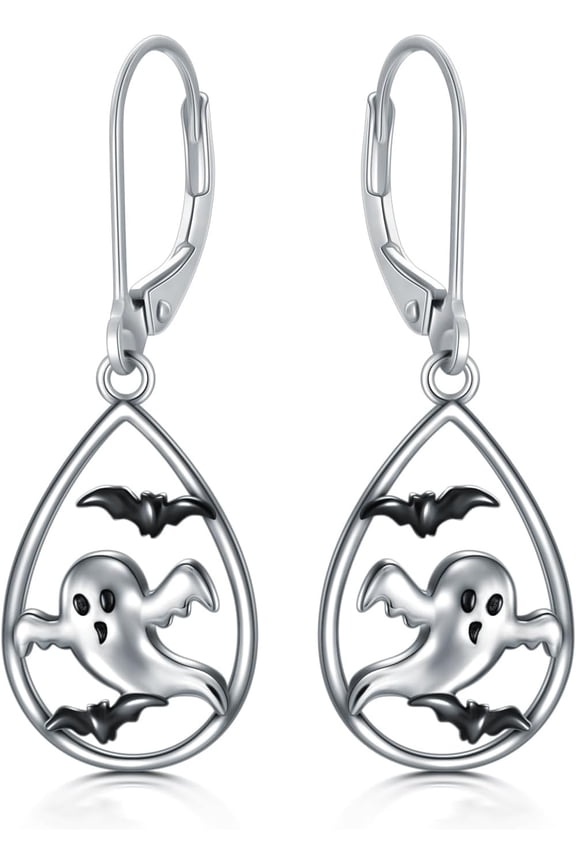 Ghost Earrings Sterling Silver Halloween Dangle Earrings Black Bat Jewelry Gift for Women