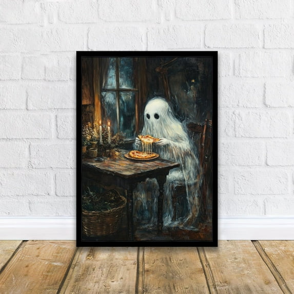 Ghost Eating Pizza Print Spooky Art Dark Academia Whimsical Decor Gothic Home Decor Antique Illustration Halloween Poster Rustic Vintage, Matte Canvas Stretched, Posters & Art Prints, Gift.