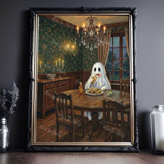 Ghost Eating Tacos Funny Ghost Wall Art Eclectic Kitchen Decor Halloween Decor Haunting Ghost