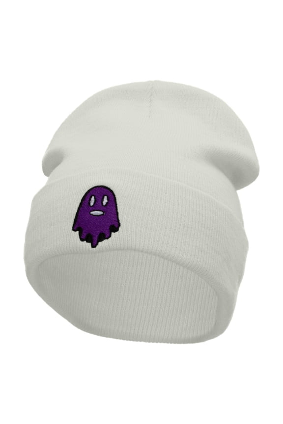 Ghost Embroidered 12 Inch Long Knitted Beanie - White OSFM