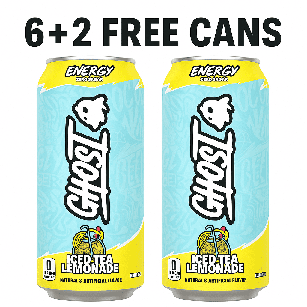 Ghost Energy Drink Iced Tea Lemonade, 6-Pack + 2 Free Cans (Total 8), Zero Sugar, Natural & Artificial Flavor, 16 fl oz Each