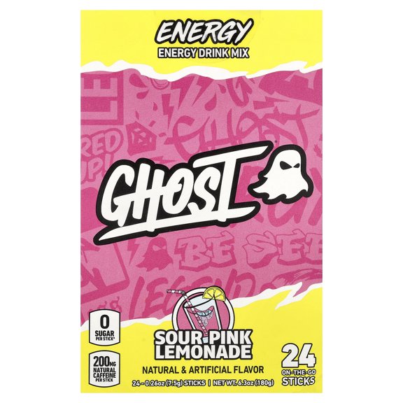 Ghost Energy Drink Mix, Sour Pink Lemonade, 24 On-The-Go Sticks, 0.26 oz (7.5 g) Each