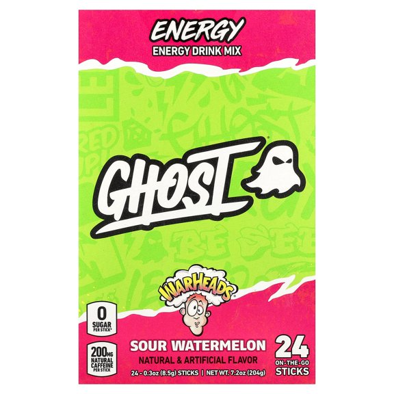 Ghost Energy Drink Mix, Warheads, Sour Watermelon, 24 On-The-Go Sticks, 0.3 oz (8.5 g) Each