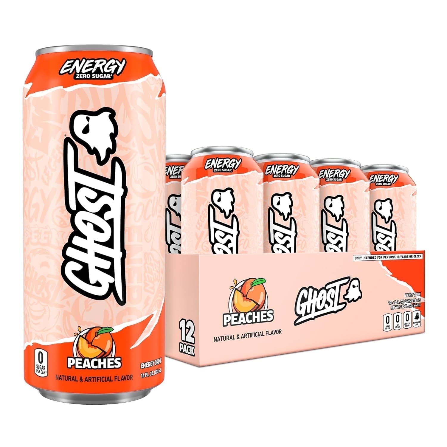 GHOST Zero Sugars Energy Drink, Peaches, 200mg Natural Caffeine, 16oz Cans, 12 Pack
