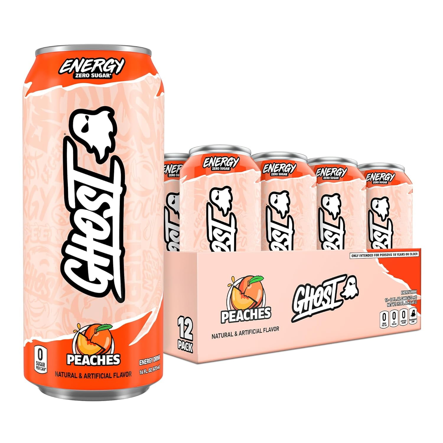 GHOST Zero Sugars Energy Drink, Peaches, 16 oz Can, 12 Pk