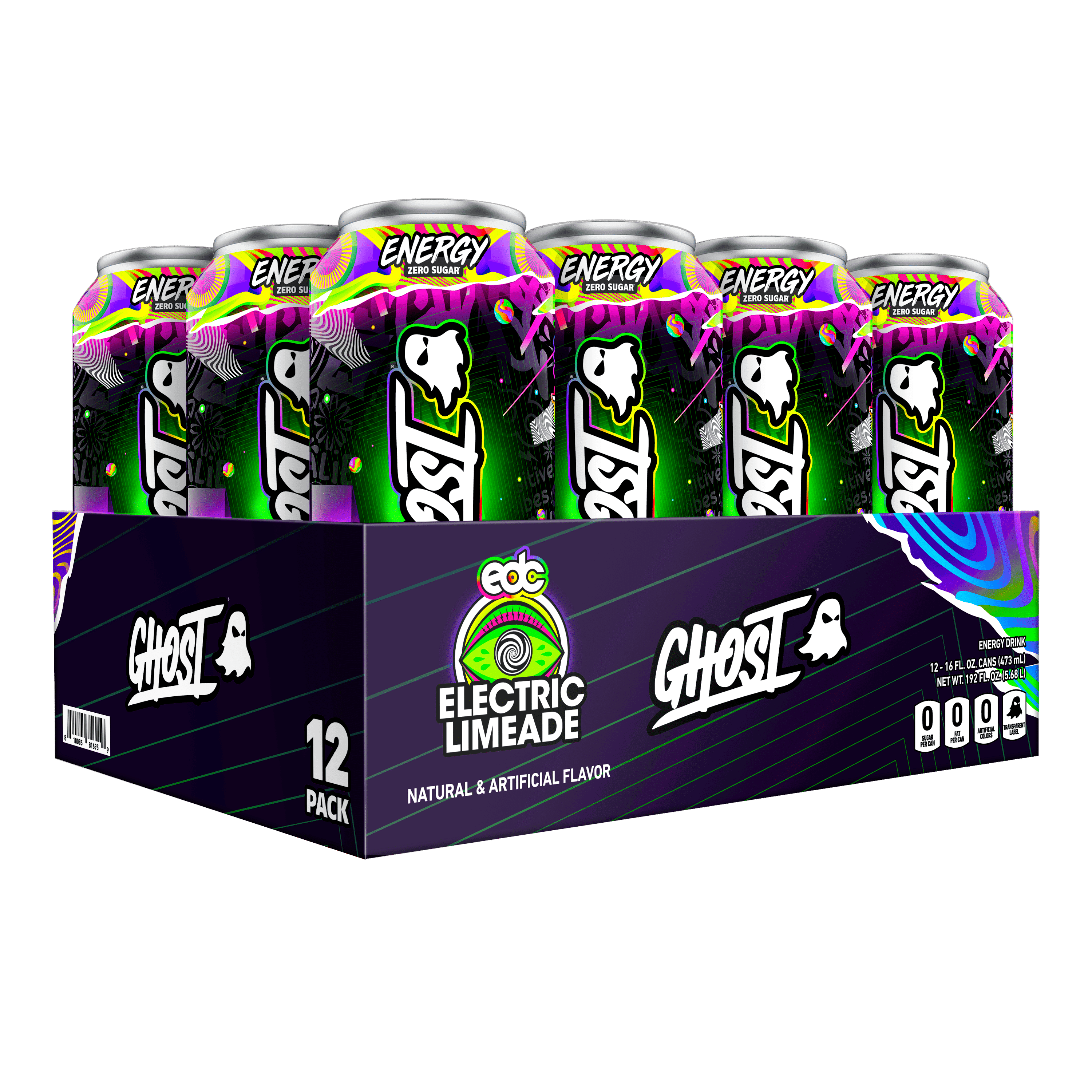 GHOST Zero Sugars Energy Drink, Electric Limeade, 16 oz Can, 12 Pk