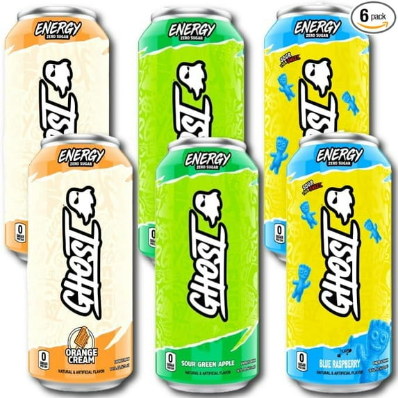 Ghost Energy Drink Variety Pack, Zero Sugar - 16 fl oz Cans (Pack of 6) - Orange Cream, Sour Blue Raspberry, Sour Green Apple - 200mg Caffeine, Vegan, Gluten-Free