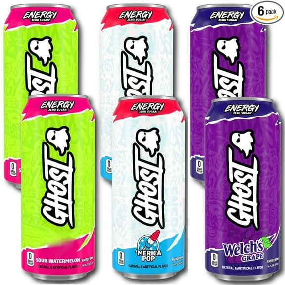 Ghost Energy Drink Variety Pack, Zero Sugar 16 fl oz Cans (Pack of 6) Grape, Sour Watermelon, Merica Pop 200mg Caffeine, Vegan, Gluten-Free