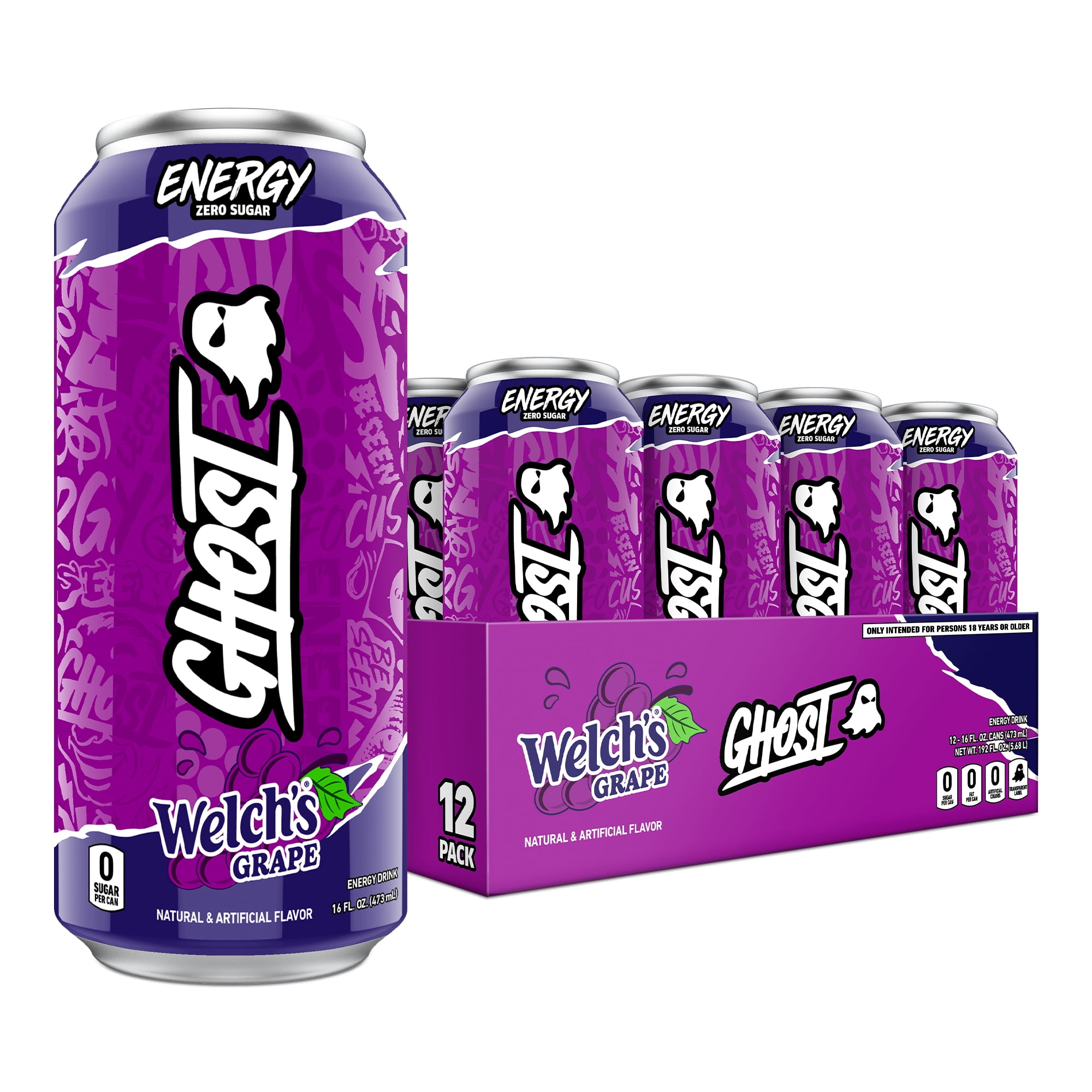 Ghost Zero Sugar Energy Drink, Welch's Grape, 16 oz Can, 12 Pk