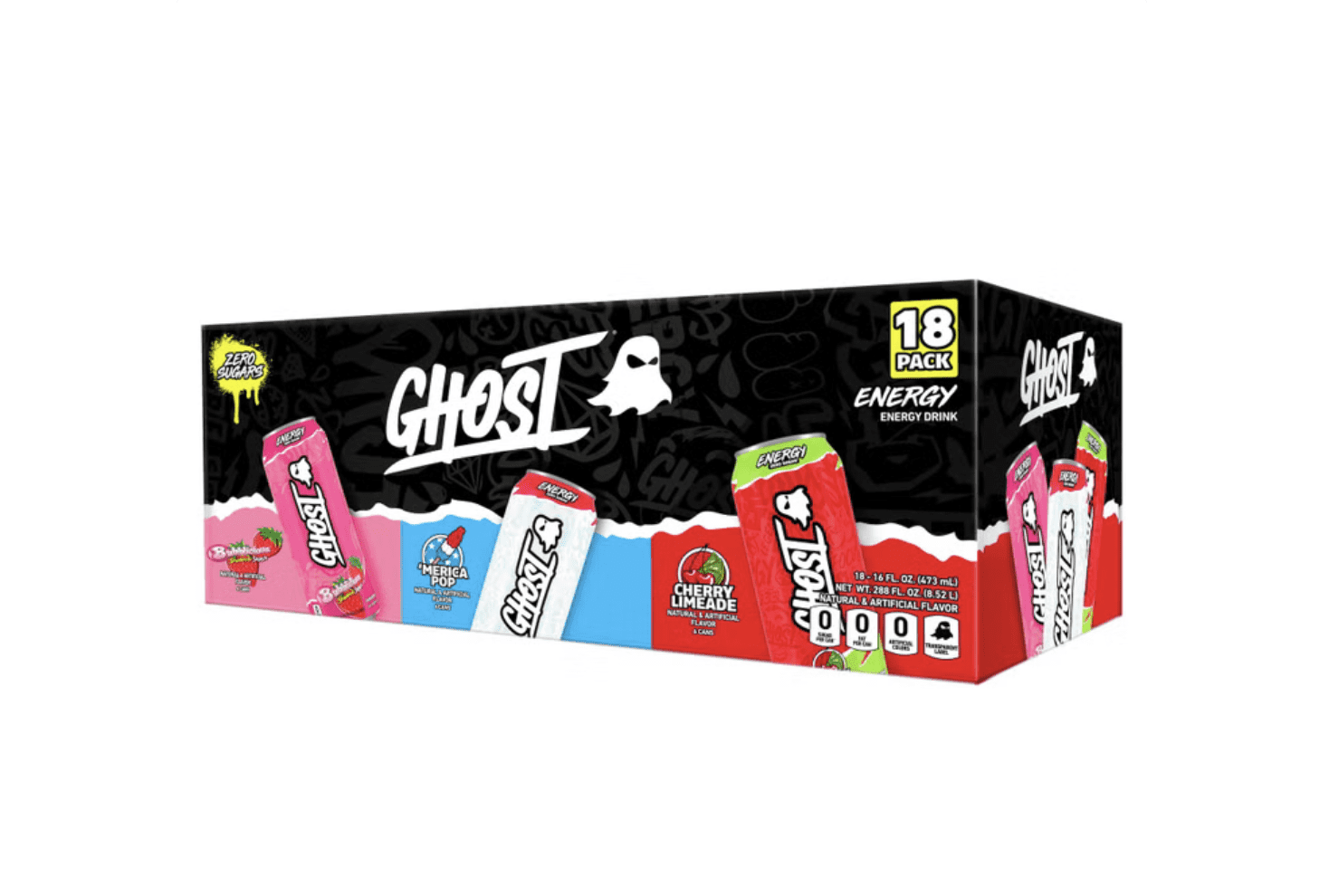 Ghost Energy Zero Sugar Variety Pack, Bubblicious Strawberry, Merica Pop, Cherry Limeade, 16 fl oz, 18 Pack