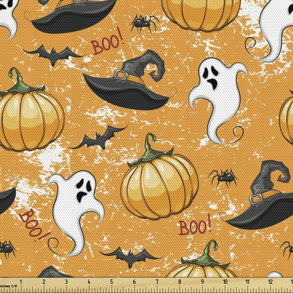 Ambesonne Ghost Fabric by the Yard Upholstery, Ghost Pumpkin and Wizard Hat, 3 Yards, Orange and Multicolor