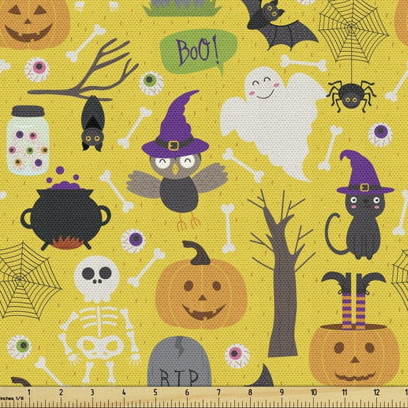 Ambesonne Ghost Fabric by the Yard Upholstery, Halloween Elements Cartoon, 3 Yards, Multicolor