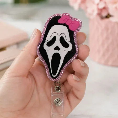 Ghost Face Badge Reel & Buddy | Horror Retractable ID Holder | Handmade Nurse Accessory