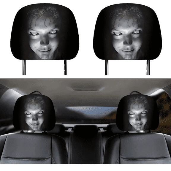 Ghost Face Car Headrest Cover, Stretch Elastic Universal Auto Head Rest Protector, Halloween Prank Decorative Headrest Sleeve 2PCS